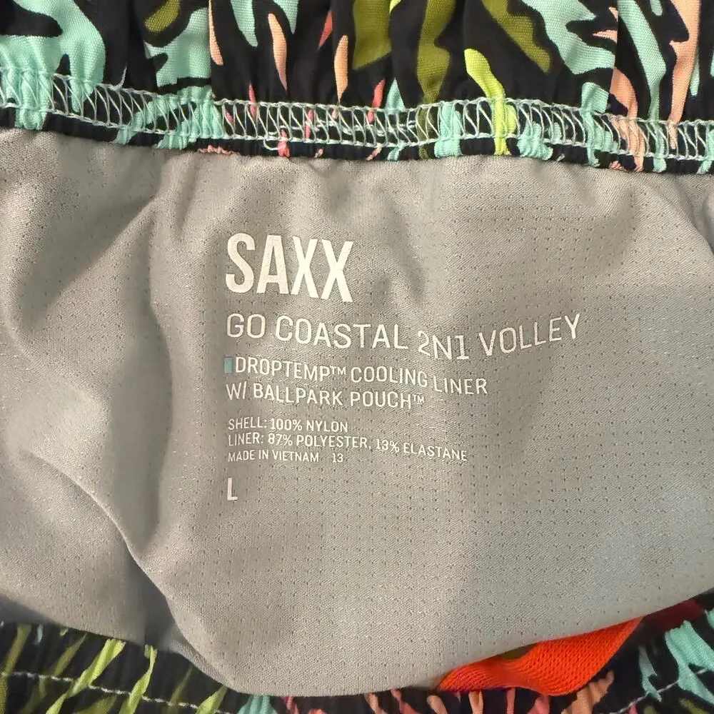 Saxx Go Coastal 2N1 Volley Swim Trunks Mens L Tropical Palm Print Lined